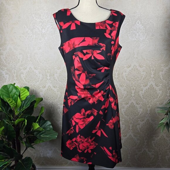 Karl Lagerfeld Sz 14 Black Red Floral Print Sheath Dress Sleeveless Ruched Front - Picture 1 of 14